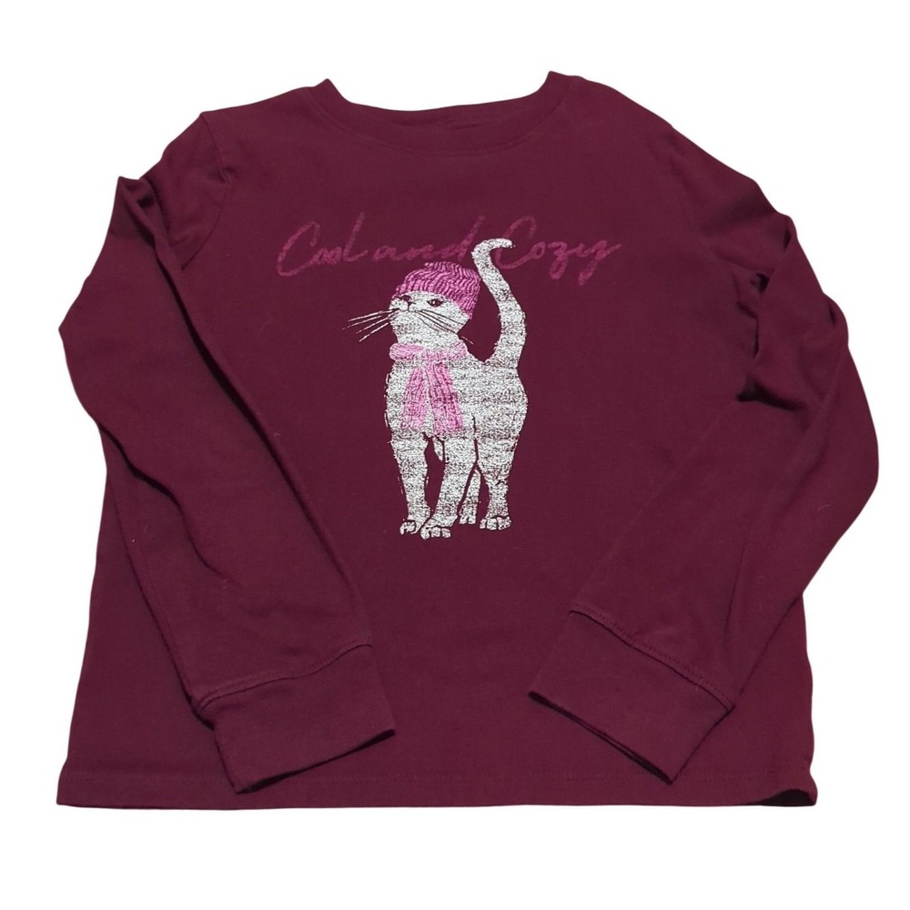 Thereabouts Girls Maroon Red Cool and Cozy Cat Long Sleeve Graphic Tee Shirt 7-8